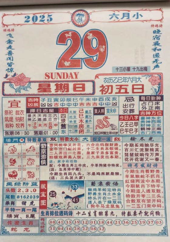 2025年6月29日，六月初五，星期日2025年6月29日，六月初五，星期日
