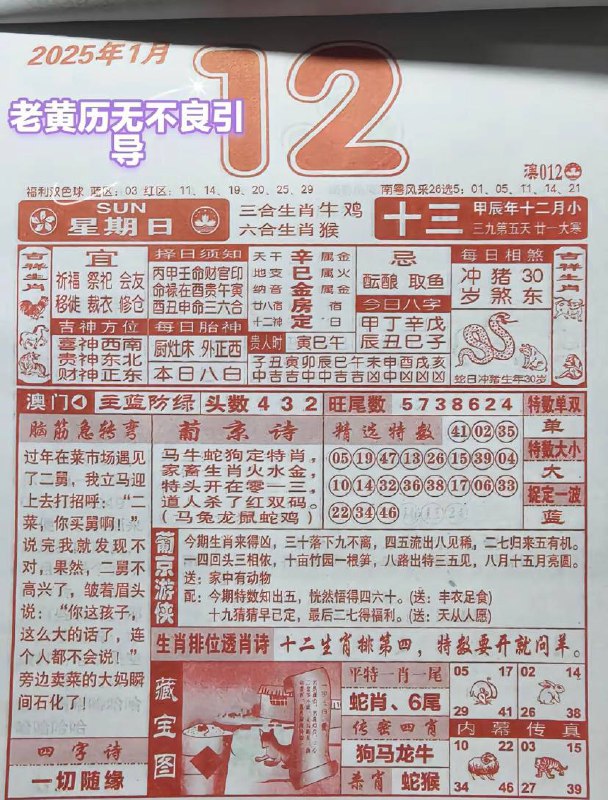 2025年1月12日 农历腊月十三 日历2025年1月12日 农历腊月十三 日历