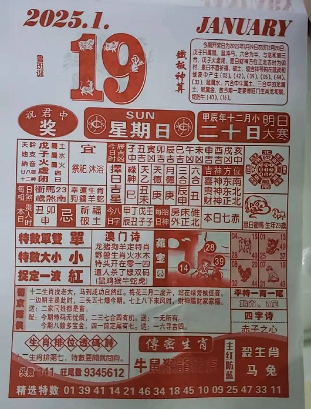 2025年1月19日农历腊月二十星期日🗓️日历图2025年1月19日农历腊月二十星期日🗓️日历图